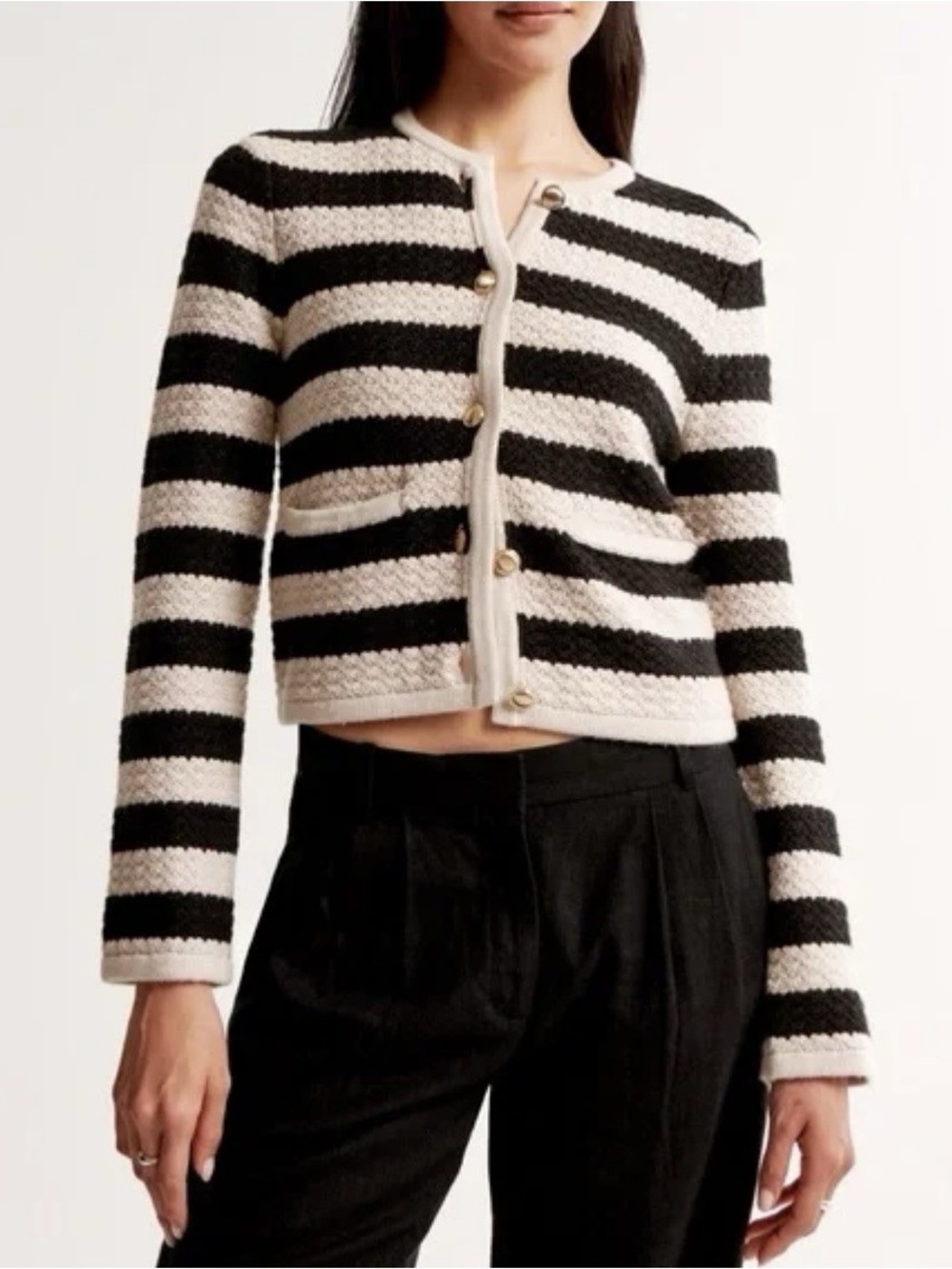 Abercrombie & Fitch Striped Knit Cardigan Sweater Black Beige